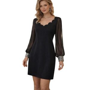 Noracora Black Sheer Long Sleeve Mini Dress L Scallop Trim Modest Formal Event‎